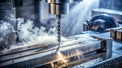 A metal shaft part being cut by a band saw with coolant flowing around it