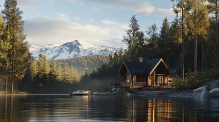 Fototapeta premium Idyllic Log Cabin Retreat on Serene Lake with Majestic Mountain Backdrop