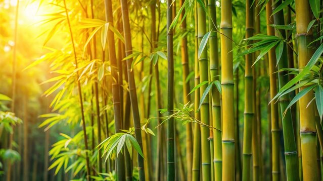 Dense foliage of bamboo plants with soft green and golden tones creating a serene atmosphere in a natural setting - Powered by Adobe