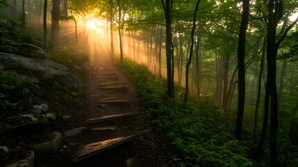 Fototapeta premium Sunlight streams through a misty mountain path.