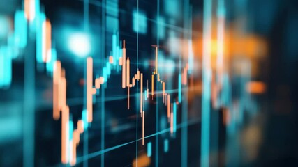 Financial chart with glowing candlestick graph and data lines on digital screen showing market trends and stock exchange activity with blue and orange candlestick patterns in futuristic interface - Powered by Adobe