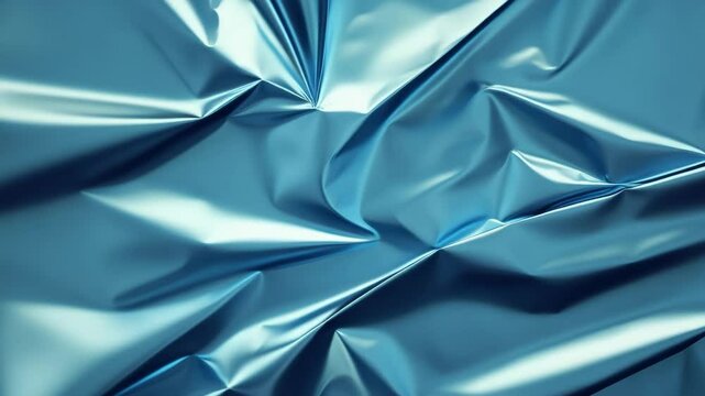 Shiny blue metallic foil with crumpled and smooth texture, reflective surface creating abstract light and shadow patterns in vibrant, dynamic, glossy finish