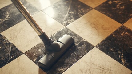 Vintage Vacuum Cleaner on Classic Checkered Tile Floor with Soft Lighting