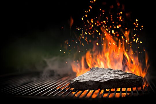 Grilled steak on a barbecue grill with flames and sparks - Powered by Adobe