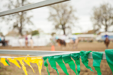 Yellow and green flags along arena fence at the showground