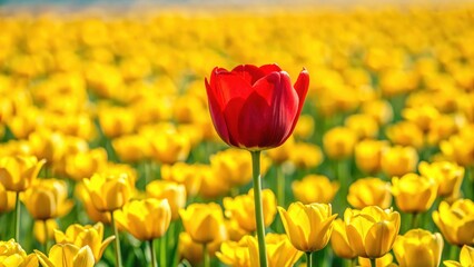 Obraz premium A solitary red tulip blooms in a vast sea of vibrant yellow flowers