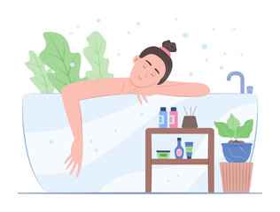 Relaxing Woman Soaking in Bathtub for Clean Body and Healthcare Concept Illustration