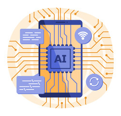 Smartphone's Microchip Processing by AI CPU Program System for Artificial Intelligence and Wireless Technology Concept Illustration