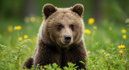 Obraz premium Young brown bear calmly sits amidst vibrant yellow wildflowers and lush green foliage