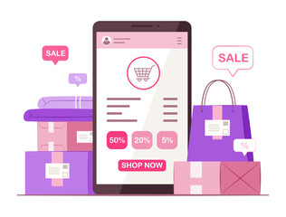 Smartphone with Shopping Bags and Merchandise Boxes for Online Shopping and E-Commerce Concept Illustration