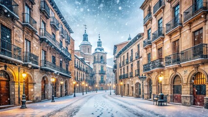 Obraz premium Architectural view of historic buildings under snowstorm