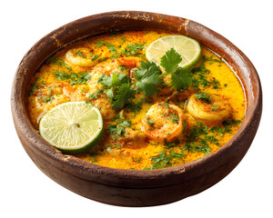 Traditional Thai tom yum goong spicy shrimp soup with lime and herbs in a clay bowl isolated on transparent background