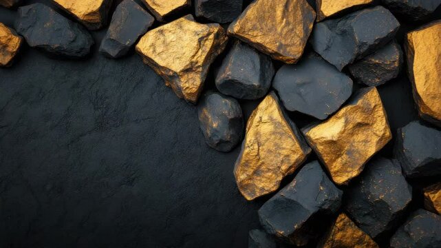 Natural black and gold rough stone and rock mineral textures create luxurious background with striking contrast and rich depth, showcasing beauty of natural luxury minerals.