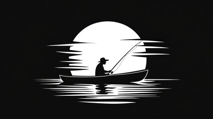 Silhouette of a fisherman in a boat at night under a full moon