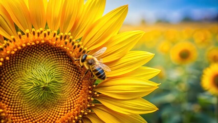 Obraz premium Bee on a sunflower in a field