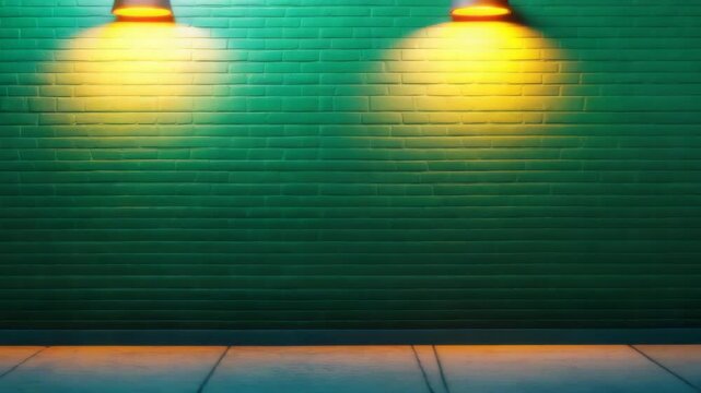 Green brick wall illuminated by warm yellow lights above concrete sidewalk, creating cozy urban night atmosphere with soft illumination and calm street scene