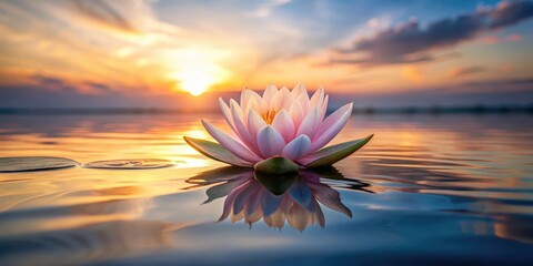 A single lotus flower blooming in a serene lake at sunset with soft ripples on its surface