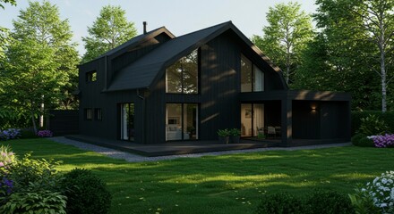 Modern black house nestled in lush greenery, showcasing sleek design and spacious outdoor area