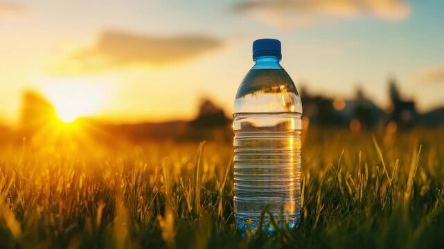 Clear plastic water bottle with blue cap stands upright on green grass during warm glowing sunset, creating peaceful and refreshing outdoor nature scene with sunlight and clear bottle.