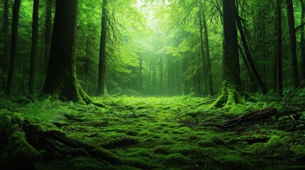 Naklejka premium A tranquil empty forest with tall green trees, lush ferns, and a carpet of moss covering stones and fallen branches.