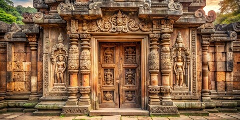 Fototapeta premium Ancient temple entrance with large stone door and intricate carvings