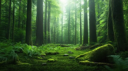 Fototapeta premium A tranquil empty forest with tall green trees, lush ferns, and a carpet of moss covering stones and fallen branches.