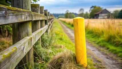 A bright yellow large chalk stick leaning against a weathered wooden fence in a rural landscape