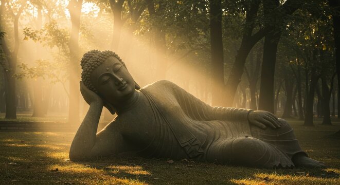 Serene Buddha statue reclined amidst sunlit forest, peaceful repose