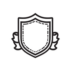 Obraz premium Black and White Shield Icon with Decorative Ribbons, Outline Style, Minimalist Design