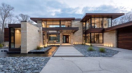 A lavish transitional mansion, blending light tan stone dark walnut wood, expansive glass walls looking over minimalist Zen