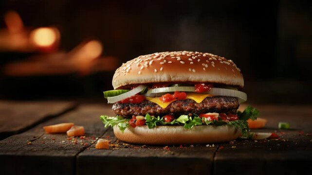 Juicy cheeseburger with sesame bun, fresh lettuce, onion, ketchup, cheese slice, and beef patty sandwich, delicious fast food hamburger meal on rustic wooden surface