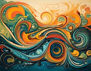 Abstract Swirling Waves of Orange, Teal, and Cream: Vibrant Psychedelic Fluid Art Painting
