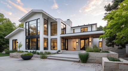 A luxurious modern farmhouse with striking white facade oversized black-framed windows, featuring front porch with angular, minimalist columns