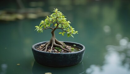 Miniature Bonsai Tree In Dark Pot On Water