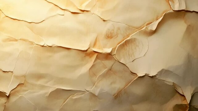 Close up view of old crumpled stained paper with textured beige and brown tones, vintage weathered background featuring torn layers and creases creating abstract rustic effect