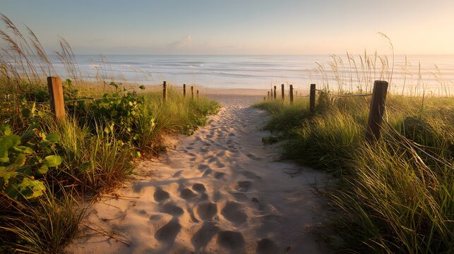 Serene Beach Pathway Leading to Calm Ocean Waves at Sunrise