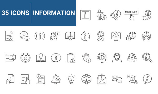 Information set of web icons in line style. Info and Help Desk icons for web and mobile app. Containing user manual, instruction, guidebook, reference, information support, assistant, customer help