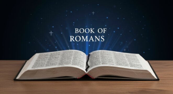 An open book, the Book of Romans, on a wooden table with a dark blue backdrop, sparkling stars