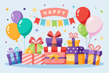 Happy Birthday Banner with Balloons and Gifts 