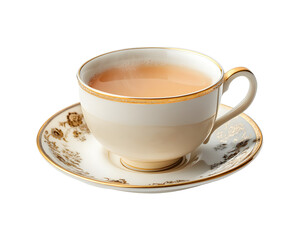 Fototapeta premium Elegant porcelain tea cup with golden rim filled with hot tea on matching saucer isolated on transparent background