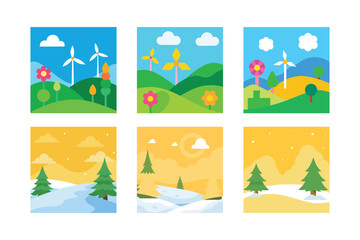 Naklejka premium Vibrant Square Illustrations Depicting Seasons Clean Energy Wind Power and Snowy Landscapes with Evergreen Trees Symbolizing Environmental Awareness