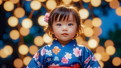 Portrait of a little kid wearing yukata, Japanese traditional summer kimono, at summer festival. Blurred colorful lights bokeh background.