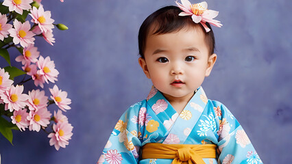 Portrait of a little girl wearing yukata, Japanese traditional summer kimono. Cherry blossoms and gradient purple background.