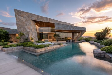 A luxury minimalist residence with an angular stone glass exterior, offering sweeping views of geometric pool surrounded modern