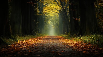 Fototapeta premium A quiet empty forest path covered in fallen leaves, winding between tall ancient trees under a soft, cloudy sky.