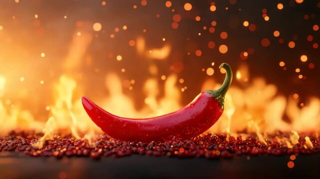 Vibrant red chili pepper with water droplets lies on bed of dried chili flakes and seeds surrounded by hot fire flames, glowing embers, and sparks creating intense heat and spicy flame fire spice