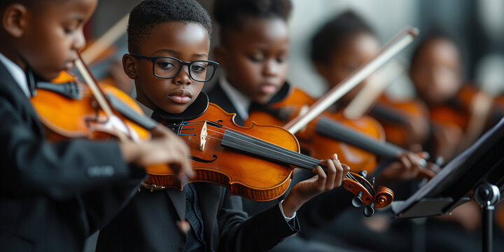 Gifted young African children passionately playing violins in a captivating orchestral performance.