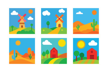 Fototapeta premium Colorful Cartoon Illustrations of Rural Scenes Featuring Windmills, Deserts, and Farms on a White Background with a Playful Aesthetic