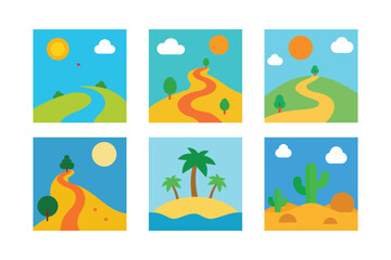 Minimalist Landscape Illustrations Diverse Nature Scenes From Rivers To Deserts And Tropical Islands Featuring Sunny Skies And Geometric Forms