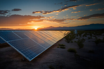 Sunrise Over Solar Power A New Dawn for Clean Energy, solar power panels, reflecting light on shining solar panels.